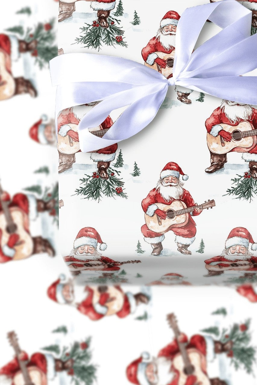 Acoustic Guitar Santa Wrapping Paper, Watercolor Santa Guitar Wrapping Paper, Musician Christmas Wrapping Paper, Holiday Gift