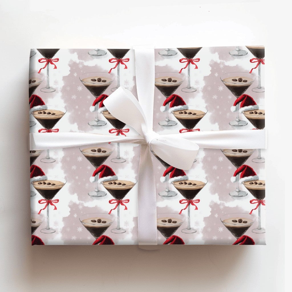 Santa Hat Cocktail Gift Wrap, Espresso Martini Christmas Wrapping Paper, Purple Holiday Drinks Wrapping Paper, Festive Party 