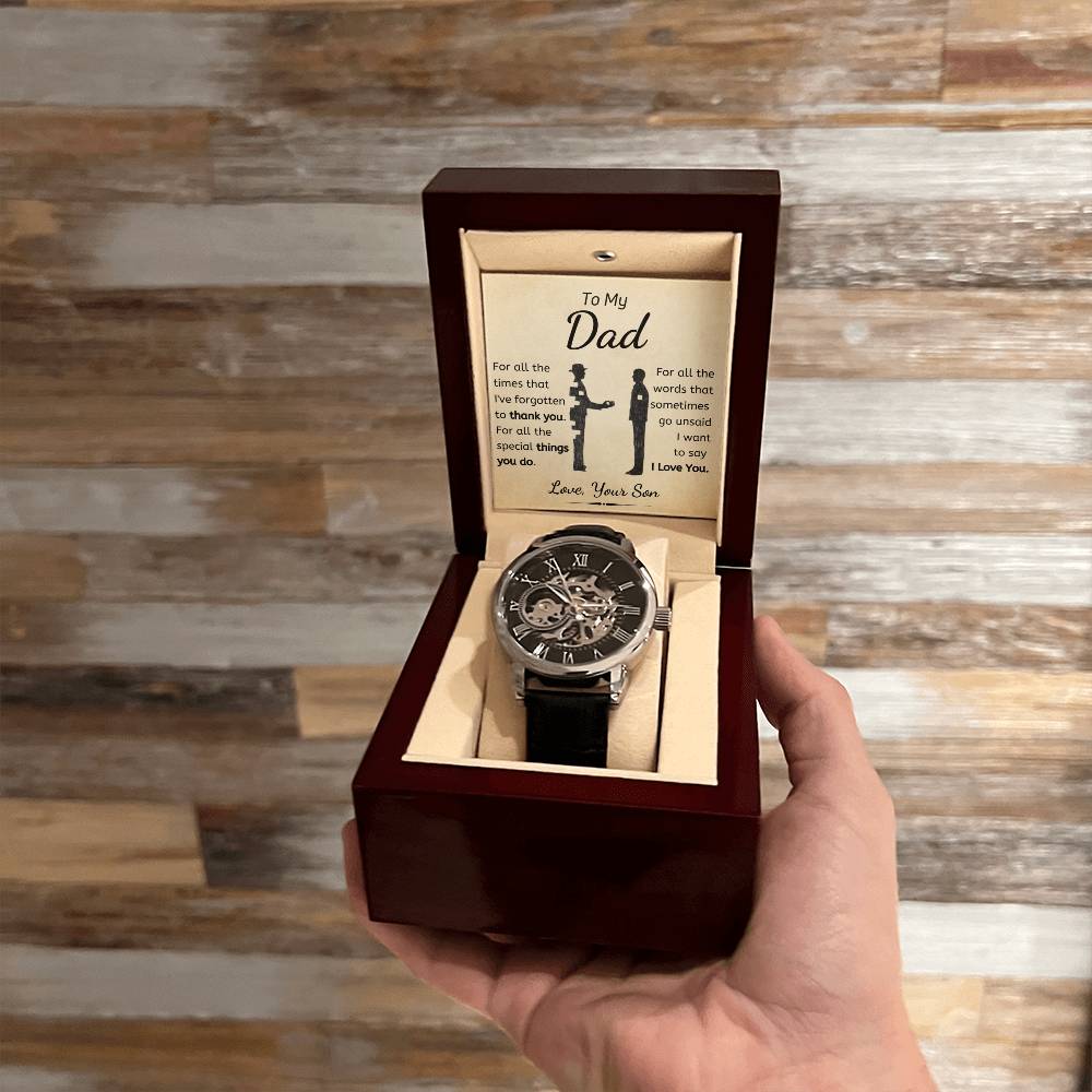 Openwork Mechanical Timepiece, Dad Automatic Skeleton Watch, Genuine Leather Band Dad Watch, LED Mahogany Box Christmas Prese