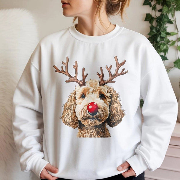 Reindeer Antlers Dog Sweatshirt, Goldendoodle Christmas Sweatshirt, Humorous Xmas Dog Crewneck, Holiday Pet Sweater, Dog Love