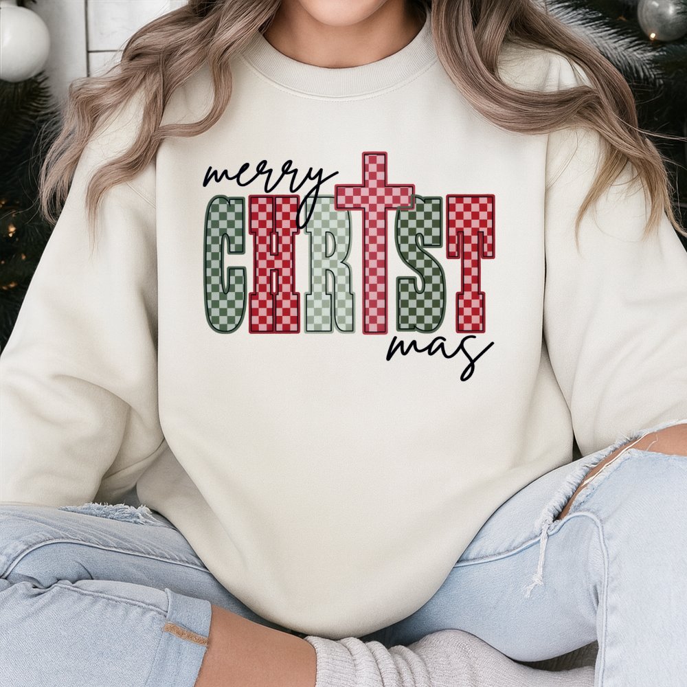 Merry Christmas Sweatshirt, Plaid Cross Sweatshirt, Faith Based Xmas Crewneck, Christian Holiday Sweatshirt, Religious Presen