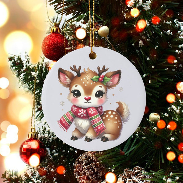 Adorable Deer with Scarf Ceramic Tree Ornament, Baby Reindeer Christmas Ornament, Kawaii Reindeer Holiday Keepsake, Festive X