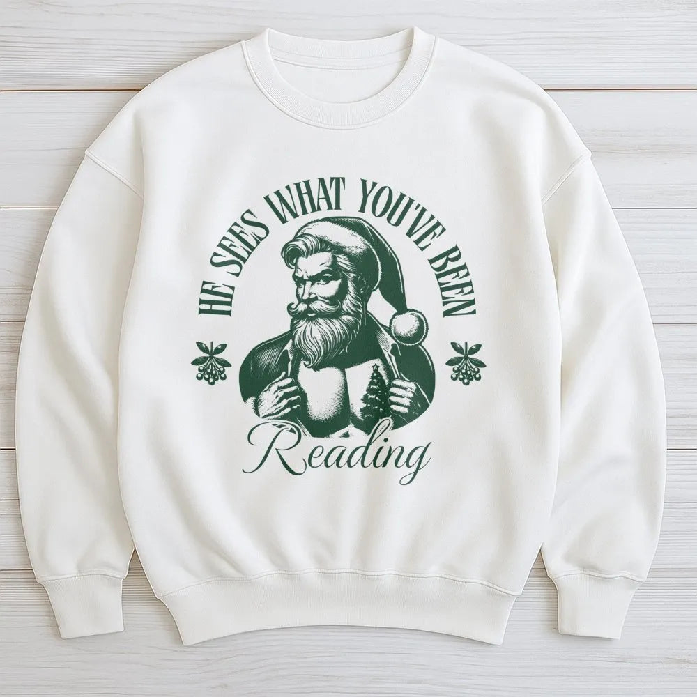 Santa Book Lover Sweatshirt, He Sees What You've Been Reading Sweatshirt, Bookish Christmas Crewneck, Librarian Sweatshirt, R