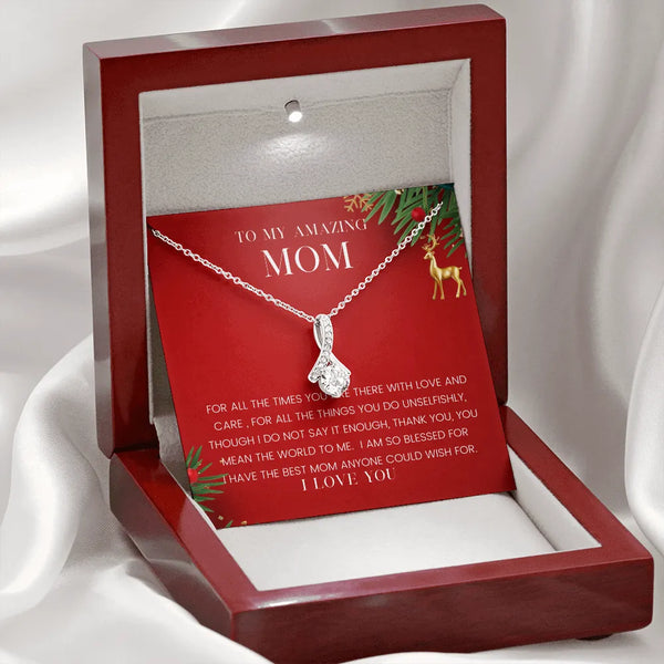 Cubic Zirconia Mom Necklace, Ribbon Pendant Necklace for Mom, 14k White Gold Over Stainless Steel Necklace, Christmas Mother 