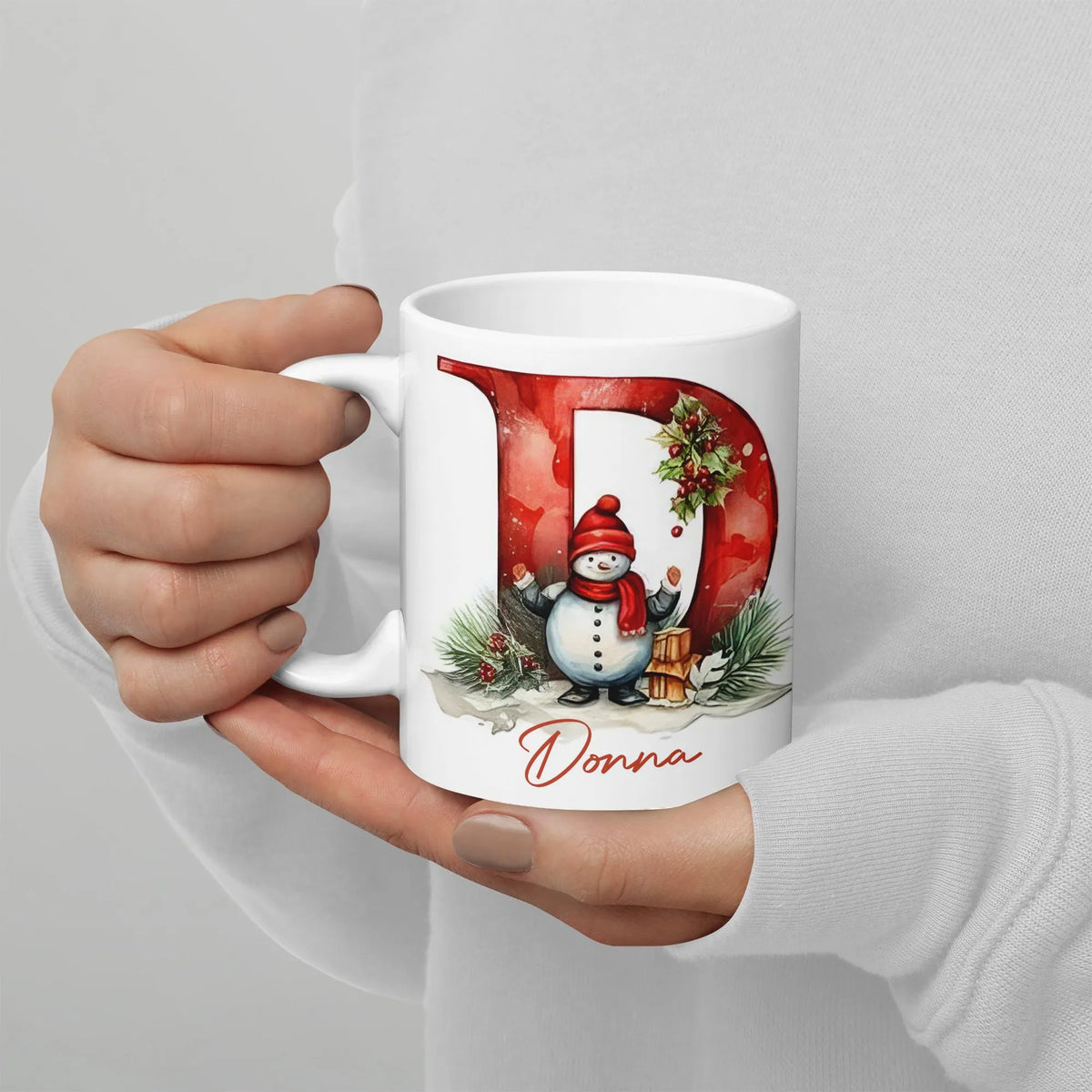 Personalized Initial D Winter Scene Coffee Cup, Christmas Snowman Monogram Mug, Festive Holiday Tea Mug, Ceramic Xmas Present