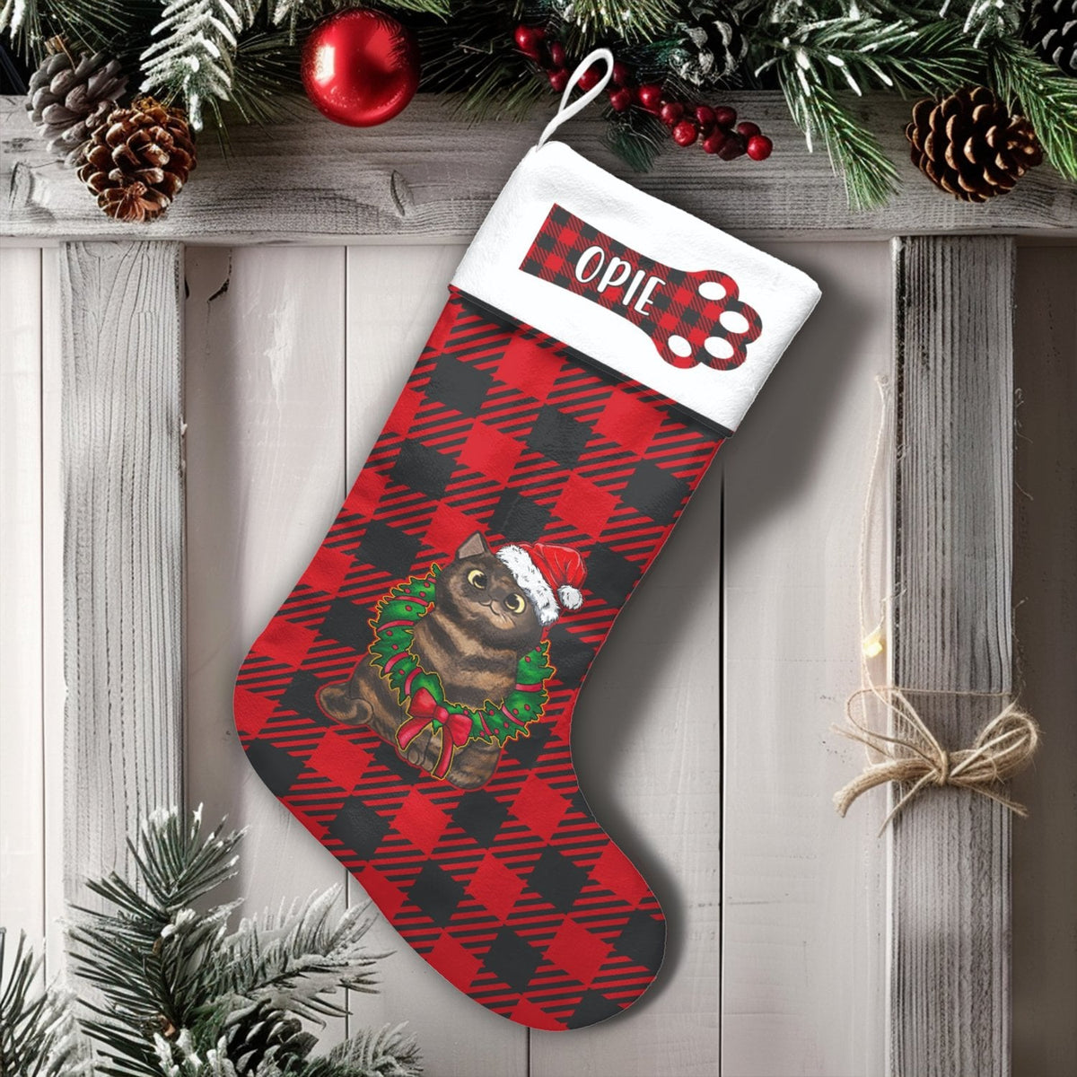 Red Buffalo Plaid Pet Stocking, Personalized Cat Christmas Stocking, Custom Cat Name Holiday Stocking, Pet Lover Xmas Mantle 