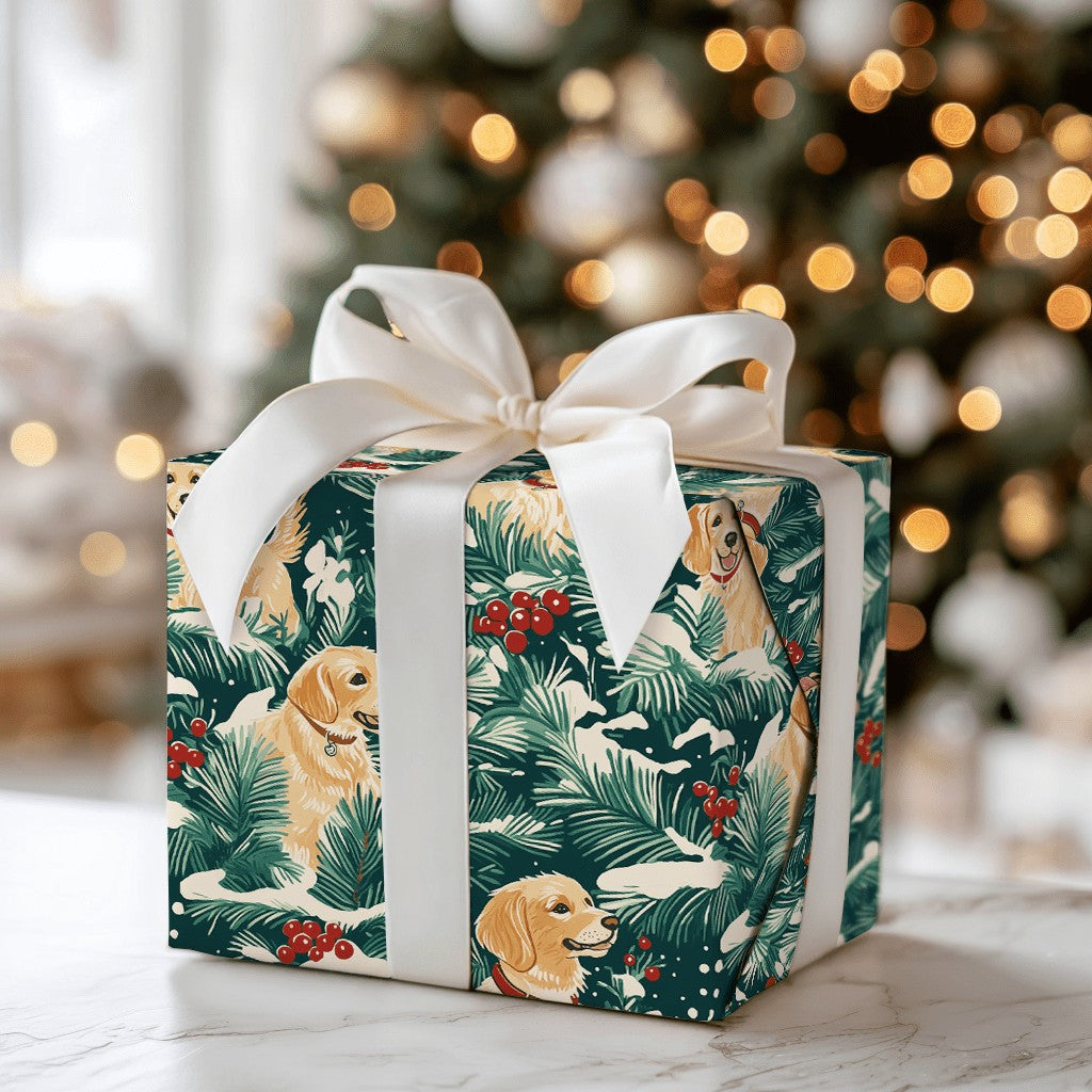 Snowy Pine Holly Dog Gift Wrap, Golden Retriever Wrapping Paper, Winter Dog Lover Holiday Wrapping Paper, Christmas Puppy Wra