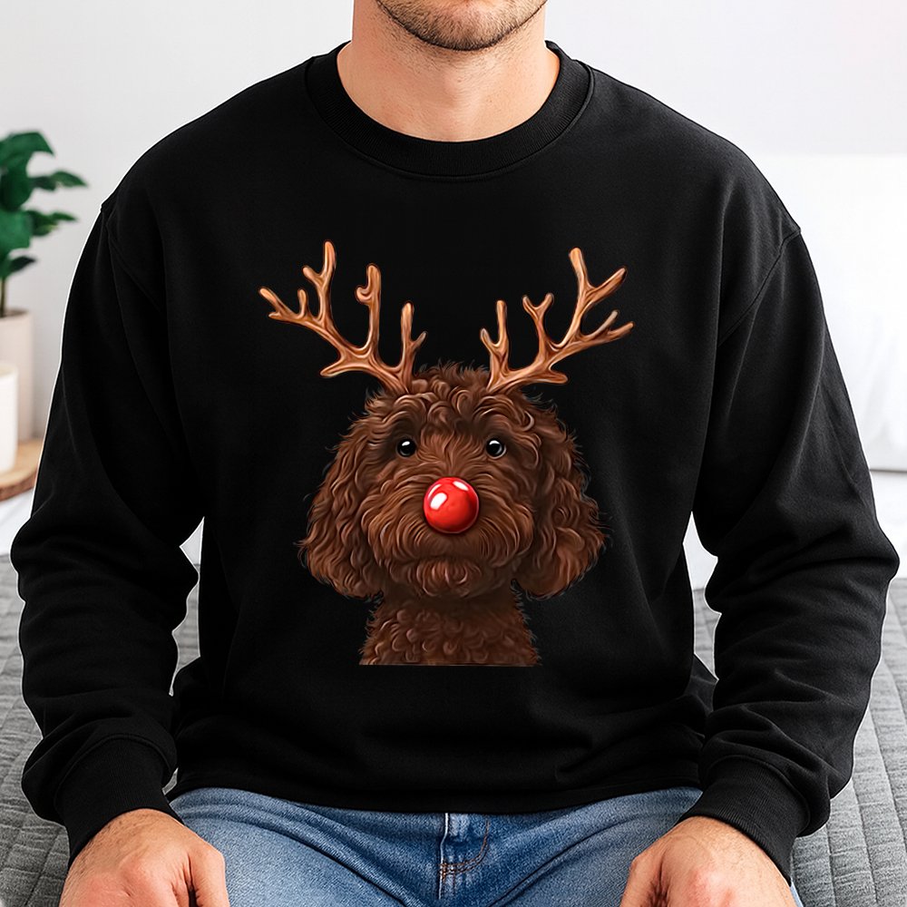 Humorous Christmas Dog Crewneck, Chocolate Doodle Reindeer Sweatshirt, Goldendoodle Holiday Pullover, Pet Lover Xmas Sweater,