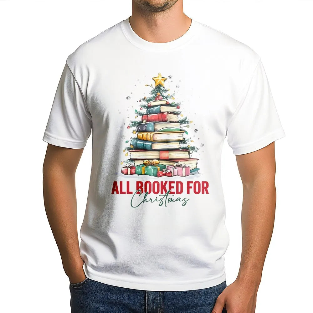 Book Stack Tree Graphic Tee, All Booked for Christmas Shirt, Holiday Bookish T-Shirt, Librarian Christmas Tee, Book Lover Hol