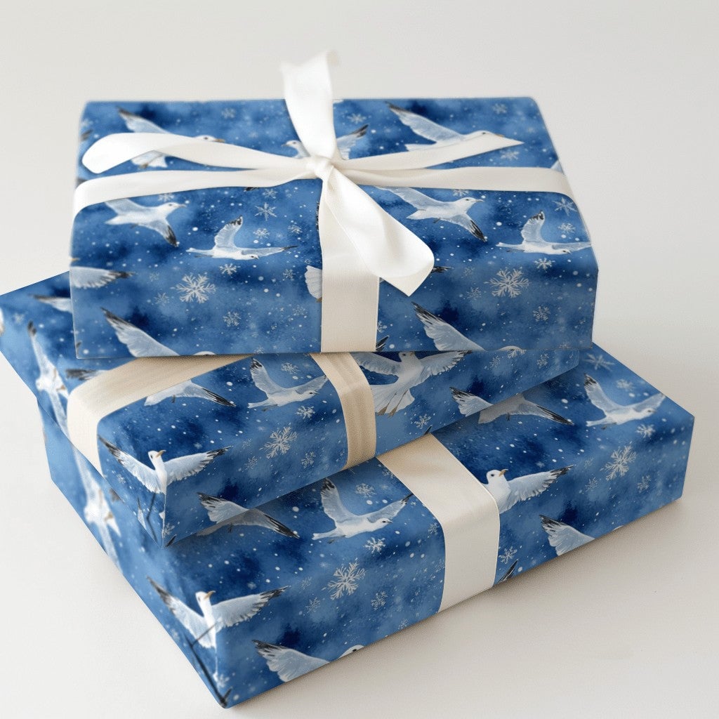 Winter Seagull Snowflake Gift Wrap, Coastal Christmas Wrapping Paper, Watercolor Nautical Wrapping Paper, Beach Holiday Xmas 