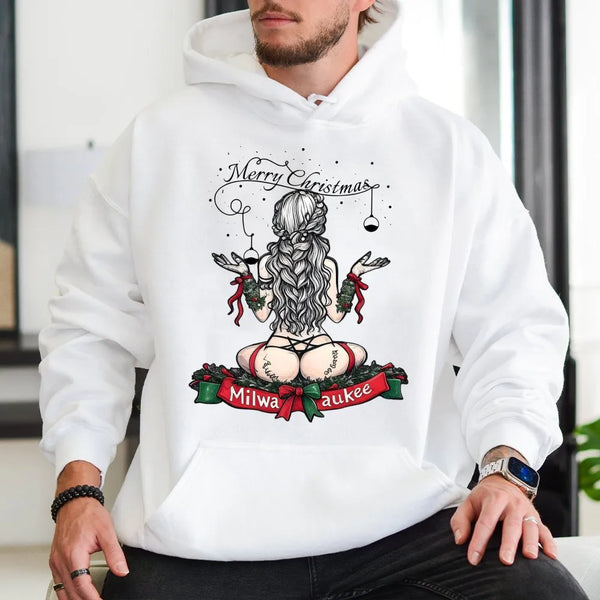Risque Pin-Up Holiday Graphic Sweatshirt, Milwaukee Christmas Hoodie, Humorous Tool Enthusiast Xmas Pullover, Retro Mechanic 
