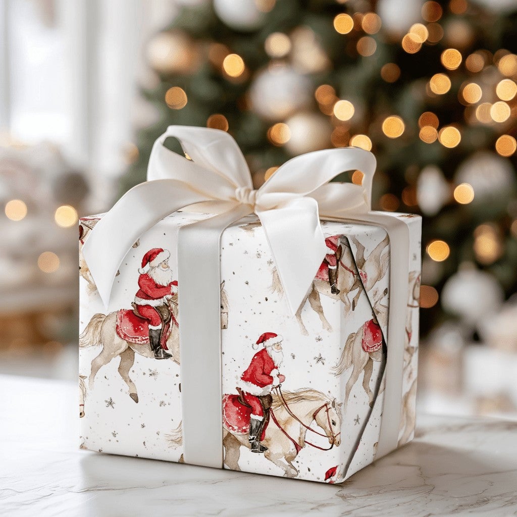 Equestrian Christmas Gift Wrap, Santa Riding Horse Wrapping Paper, Watercolor Horse Lover Holiday Paper, Festive Xmas Gift Wr