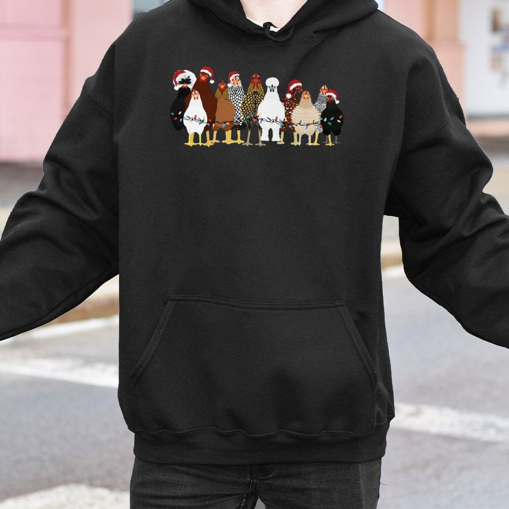 Humorous Farm Animal Holiday Sweatshirt, Christmas Chicken Hoodie, Santa Hat Hen Pullover, Adorable Country Barnyard Hooded S