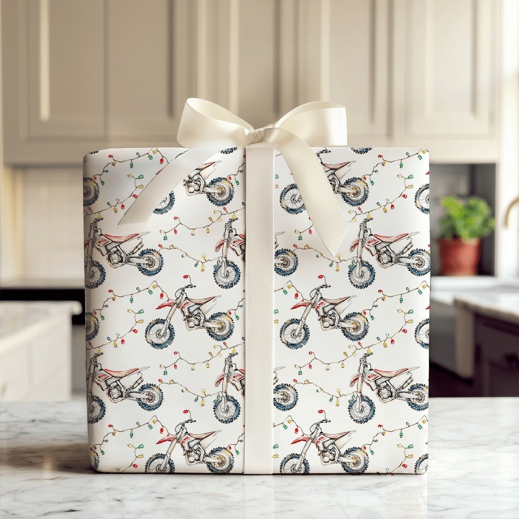 Dirt Bike Holiday Gift Wrap Roll, Motocross Christmas Wrapping Paper, Christmas Lights Dirt Biker Present Paper, Racing Theme