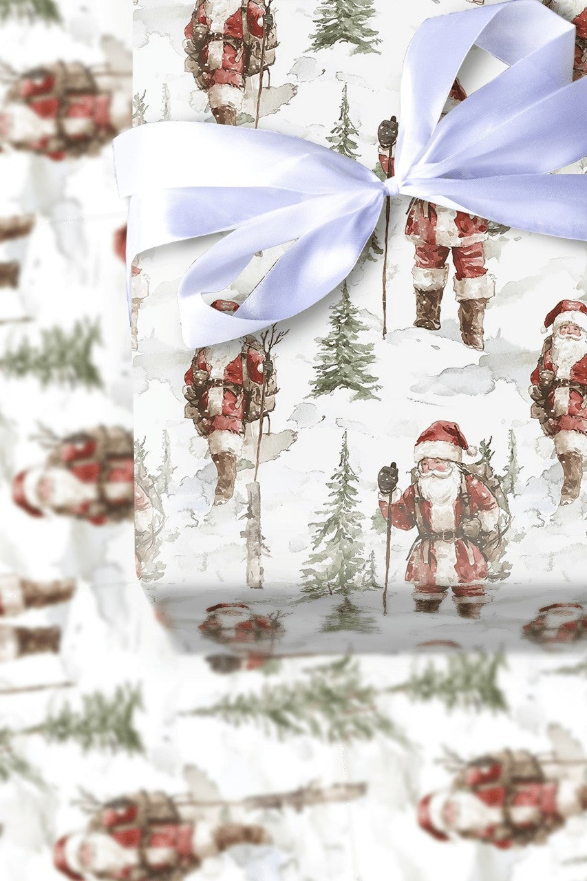 Snowy Forest Christmas Gift Wrap, Vintage Hiking Santa Wrapping Paper, Watercolor Santa Claus Present Paper, Rustic Holiday P