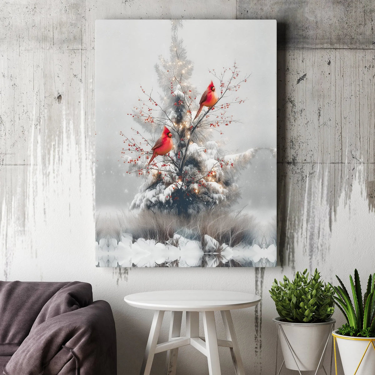 Snowy Winter Pine Branch Canvas Print, Red Cardinal Canvas Wall Art, Christmas Holiday Bird Decor, Rustic Nature Canvas Art P