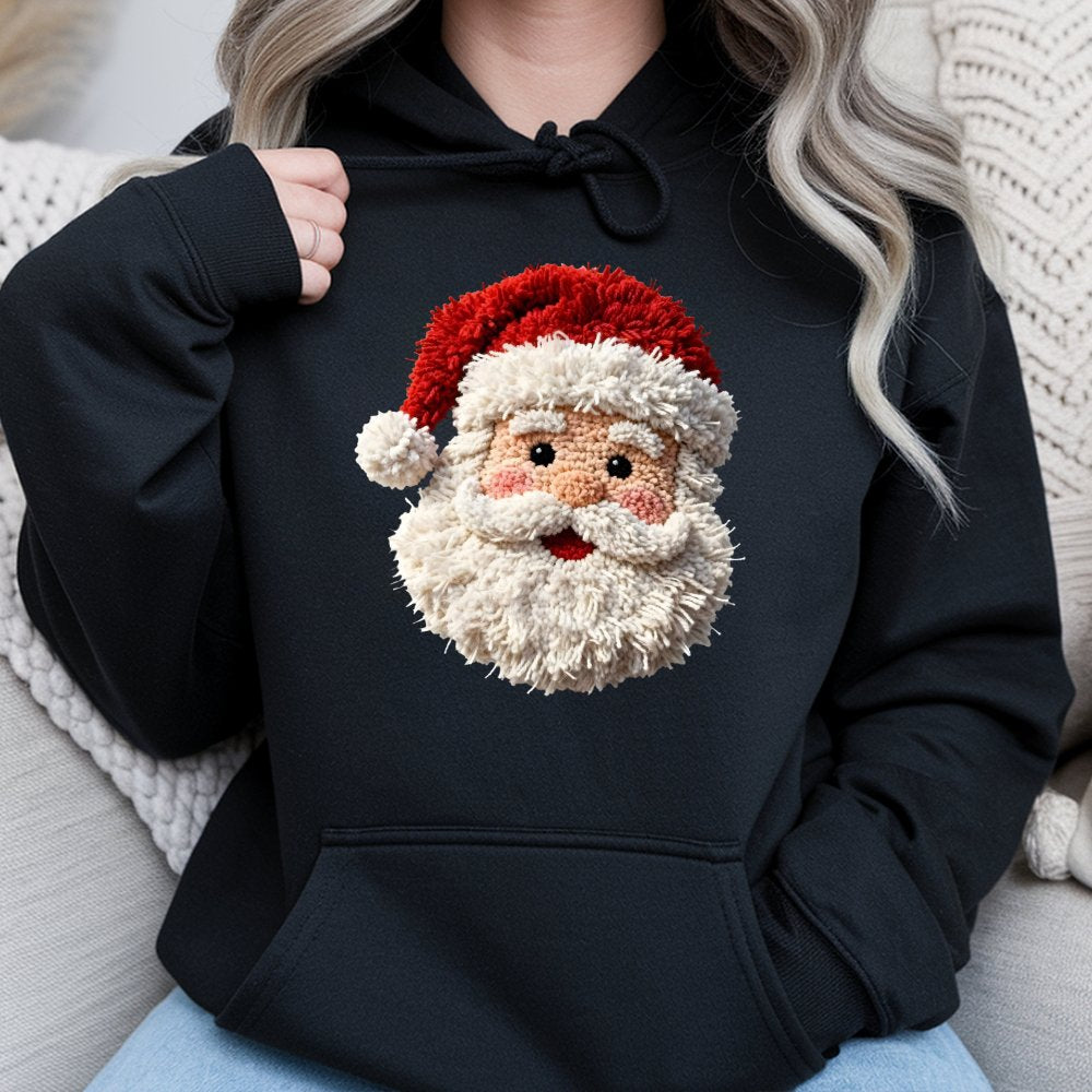 Faux Yarn Crochet Christmas Hoodie, Punch Needle Santa Hoodie, Vintage Santa Claus Hooded Sweatshirt, Comfy Holiday Pullover 