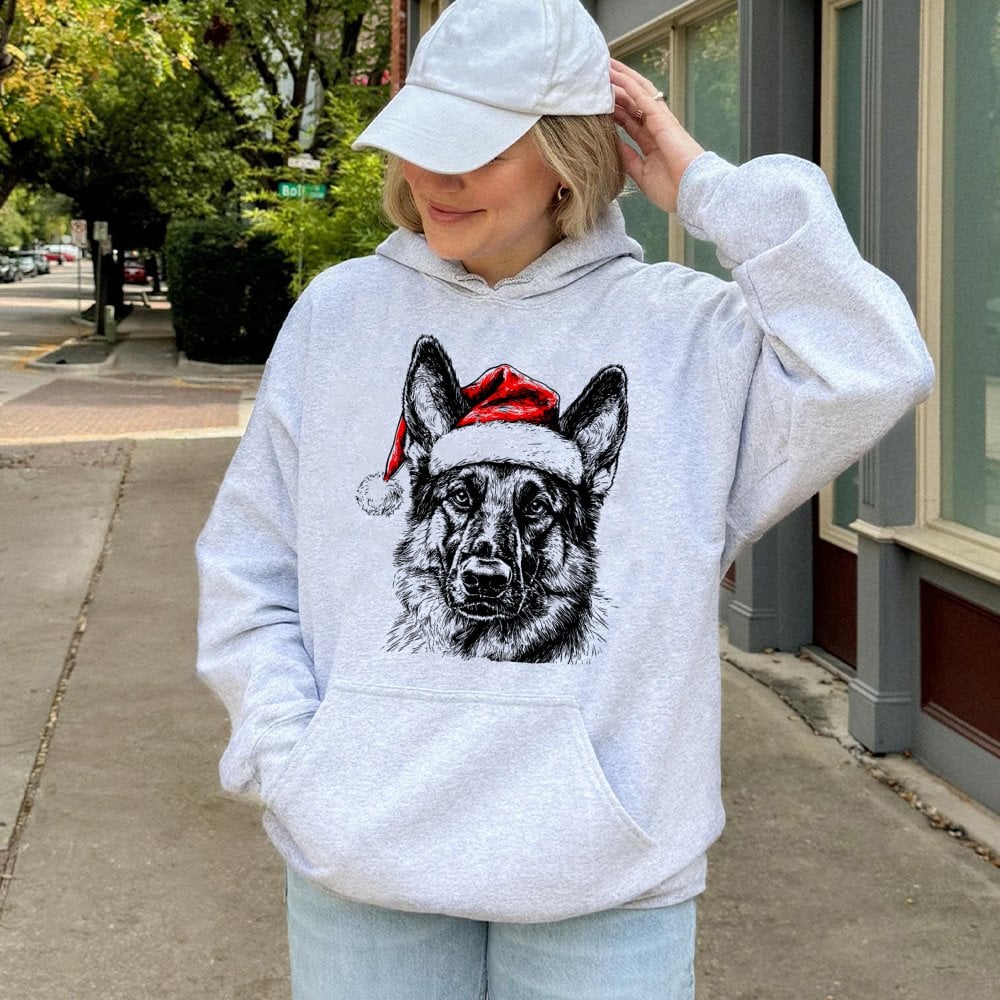 Festive Santa Hat Dog Sweatshirt, German Shepherd Hoodie, Christmas Pet Lover Hoodie, Holiday Puppy Graphic Pullover