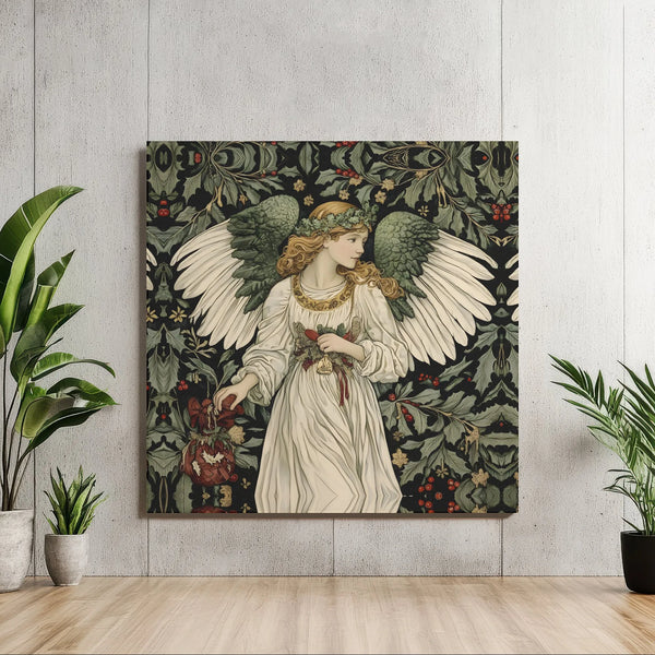 William Morris Botanical Canvas Print, Christmas Angel Square Canvas, Holly Berry Holiday Wall Canvas Art, Religious Xmas Pre