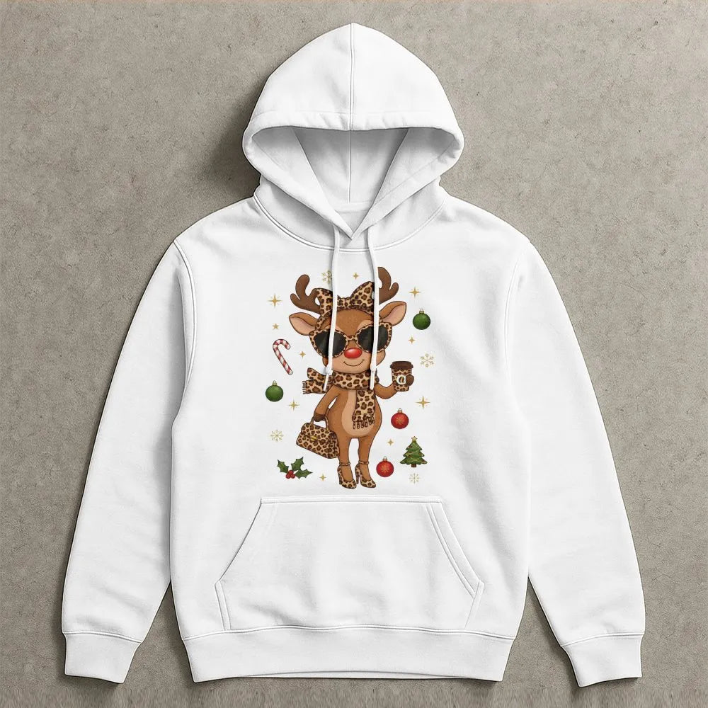 Leopard Print Christmas Hoodie, Boujee Reindeer Hoodie, Adorable Holiday Reindeer Hoodie, Festive Winter Sweatshirt, Xmas Pre
