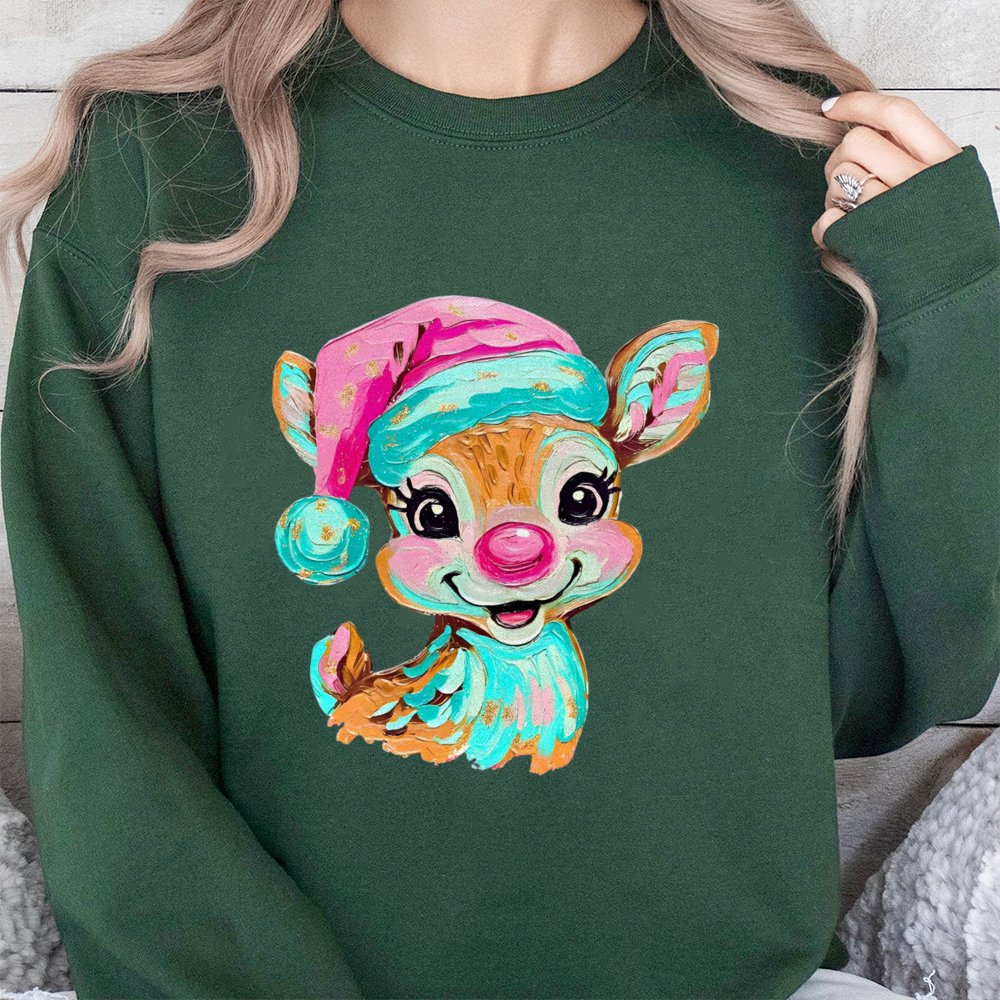 Brushstroke Holiday Crewneck, Retro Reindeer Christmas Sweatshirt, Colorful Deer Graphic Pullover, Merry Xmas Season Comfy Sw