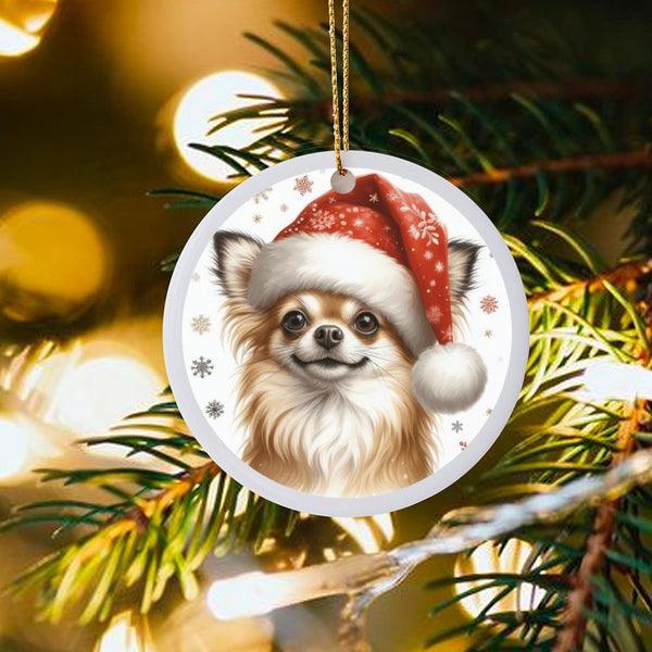 Santa Hat Chihuahua Dog Ornament, Long Haired Chihuahua Christmas Ornament, Chihuahua Ceramic Holiday Tree Ornament, Dog Love