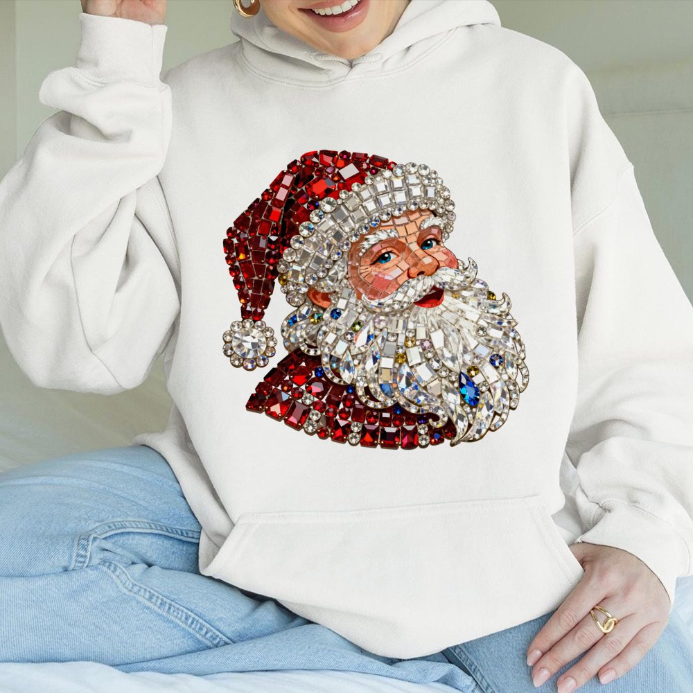 Sparkly Gemstone Christmas Hoodie, Jeweled Santa Hoodie, Retro Santa Graphic Hoodie, Festive Holiday Pullover Sweatshirt, Win