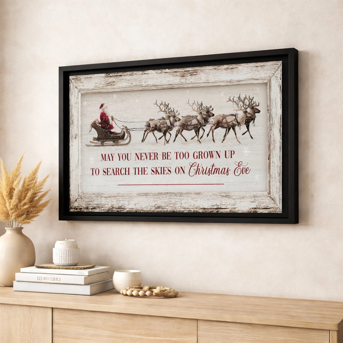 Santa Claus Sleigh Reindeer Holiday Quote Print, Christmas Wall Art Canvas, Farmhouse Christmas Canvas, Festive Winter Wall D