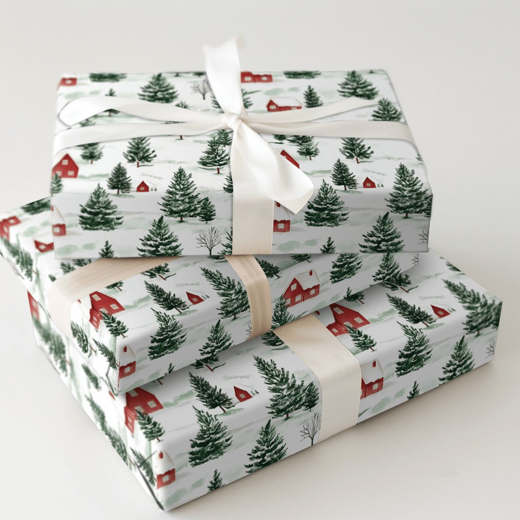 Pine Tree Christmas Gift Wrap, Watercolor Snowy Village Wrapping Paper, Winter Village Holiday Wrapping Paper, Rustic Xmas Gi