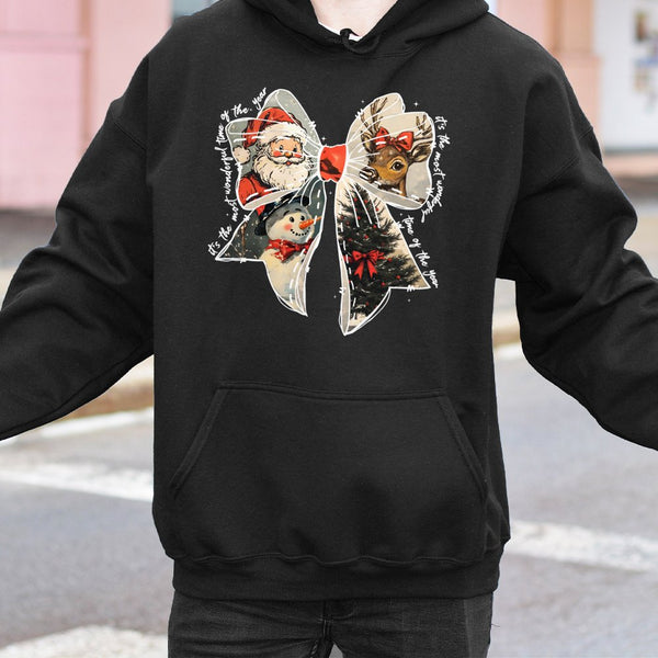 Vintage Santa Reindeer Hooded Sweatshirt, Christmas Coquette Bow Hoodie, Adorable Xmas Bow Pullover, Retro Holiday Hoodie, Pr