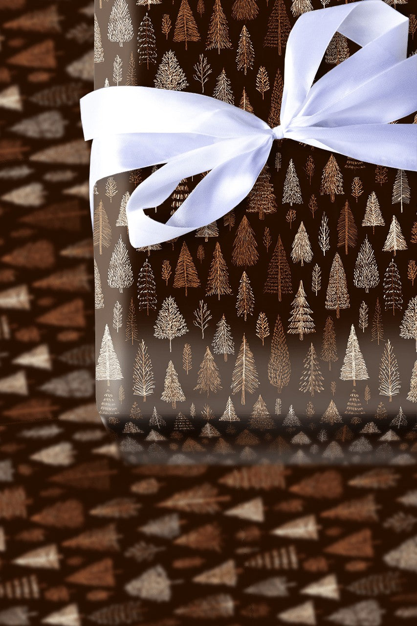Hand-Drawn Winter Gift Wrap, Rustic Pine Tree Forest Wrapping Paper, Evergreen Tree Wrapping Paper Roll, Comfy Woodland Chris