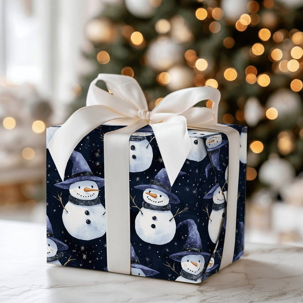 Magical Starry Night Gift Wrap, Wizard Snowman Wrapping Paper, Adorable Watercolor Snowman Gift Wrapping Paper, Holiday Chris