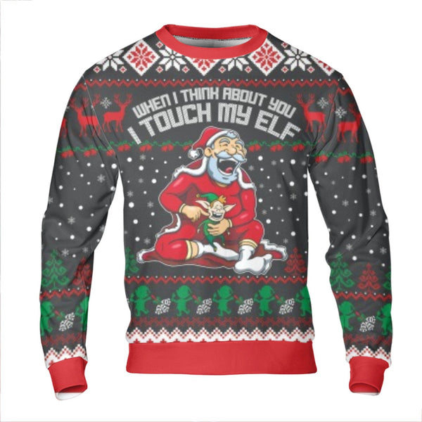 Adult Humor Holiday Sweater, Humorous Touch My Elf Christmas Sweatshirt, Rude Novelty Xmas Crewneck, Naughty Santa Party Pull