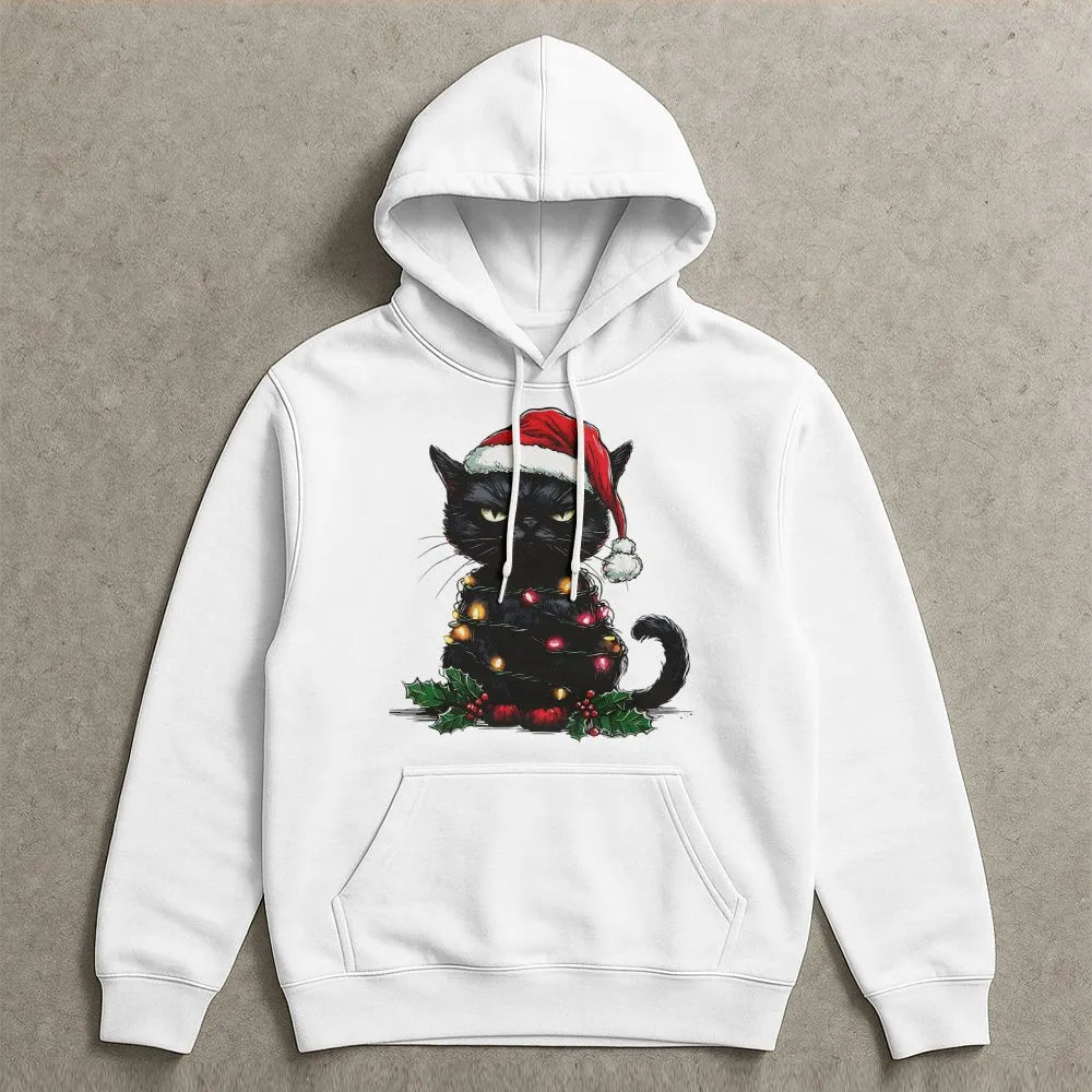 Humorous Santa Kitten Hoodie, Grumpy Black Cat Christmas Hoodie, Retro Spooky Cat Sweatshirt, Holiday Cat Lover Hooded Sweats