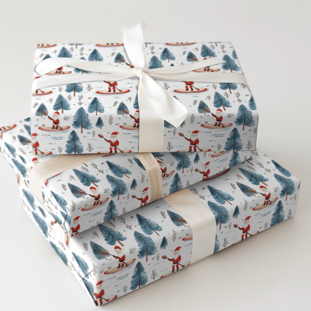 Winter Forest Holiday Gift Wrap, Paddleboarding Santa Wrapping Paper, Outdoor Santa Claus Paper, Christmas Present Wrapping P
