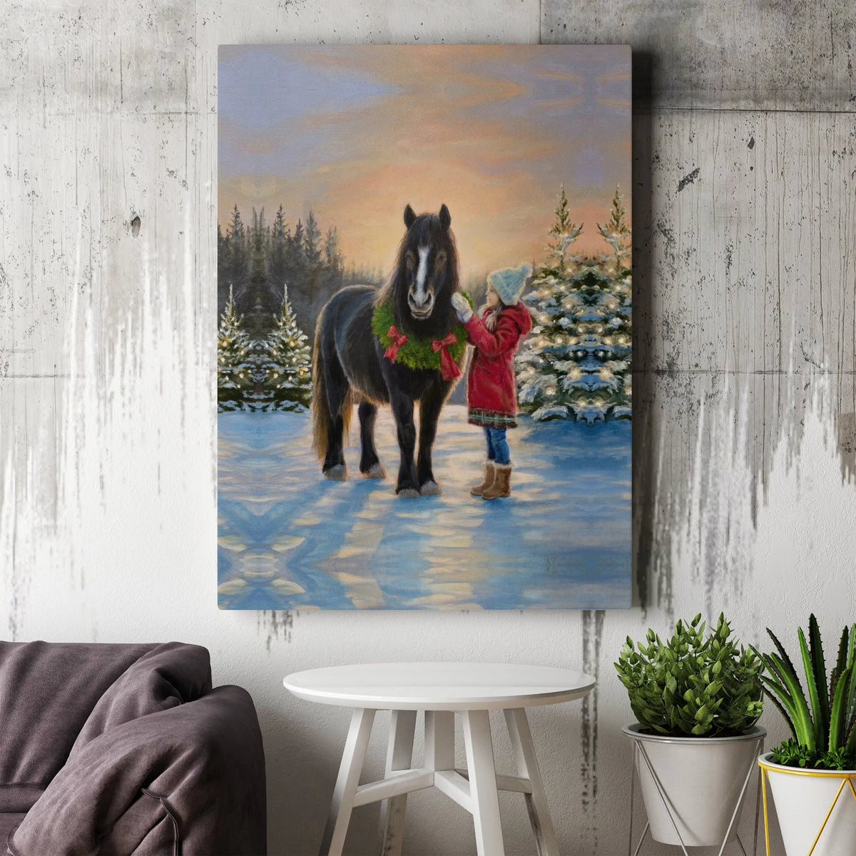 Girl and Pony Winter Snow Scene Painting Print, Christmas Horse Canvas Wall Art, Holiday Farmhouse Poster, Equestrian Digital