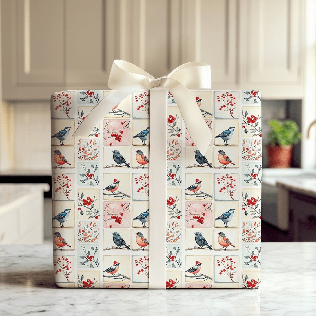 Watercolor Holiday Gift Wrap, Winter Bird Christmas Wrapping Paper, Festive Bird Tile Wrapping Paper, Nature Lover Xmas Wrapp
