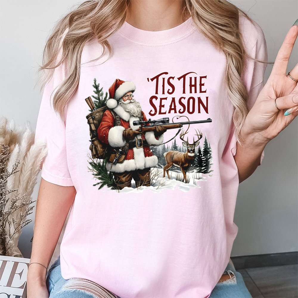 Humorous Deer Hunter Christmas T-Shirt, Tis the Season Santa Hunting Shirt, Retro Xmas Hunting Tee, Outdoorsman Holiday Graph