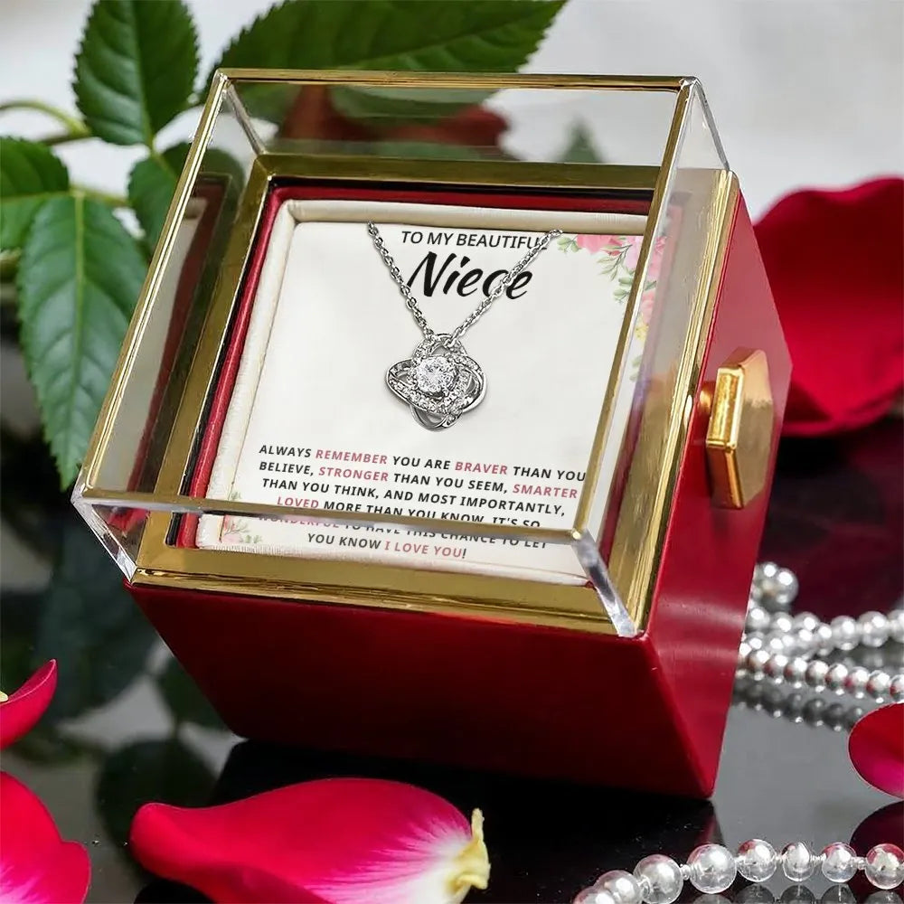 Gold CZ Crystal Pendant Jewelry, Niece Love Knot Necklace with Rotating Rose Box, Birthday Present for Niece, Christmas Prese