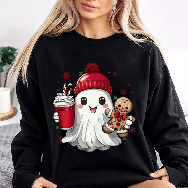 Gingerbread Man Holiday Crewneck, Adorable Christmas Ghost Sweatshirt, Humorous Spooky Xmas Sweater, Retro Christmas Pullover