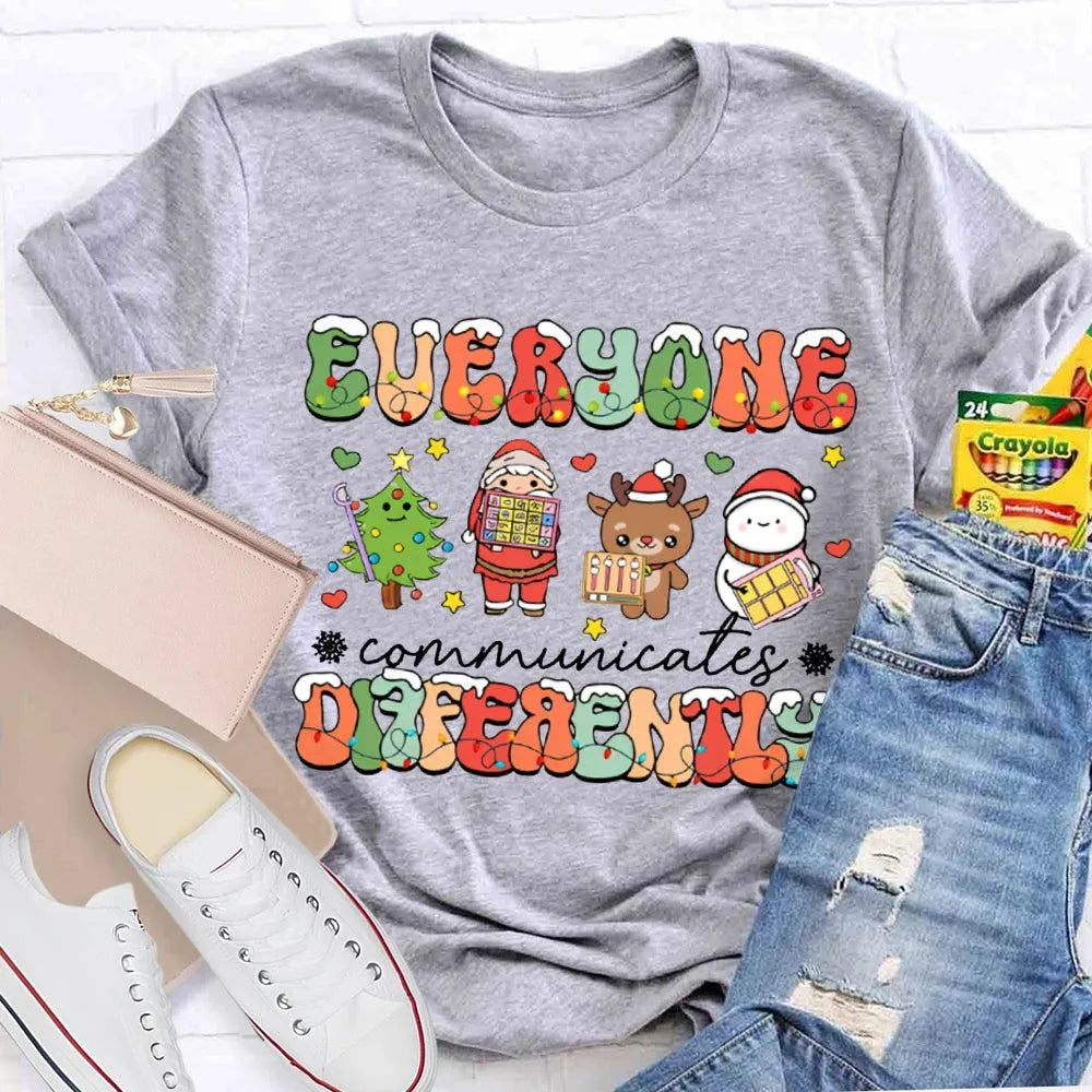 Festive Lights Neurodiversity Tee, Everyone Communicates Differently Christmas Shirt, SPED Teacher Holiday T-Shirt, ASL Xmas 
