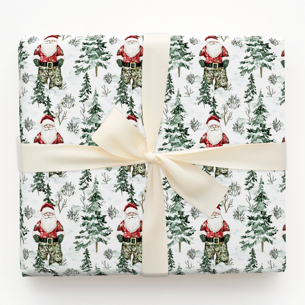 Military Soldier Holiday Gift Wrap, Camo Santa Christmas Wrapping Paper, Camouflage Santa Wrapping Paper, Veteran Present Wra