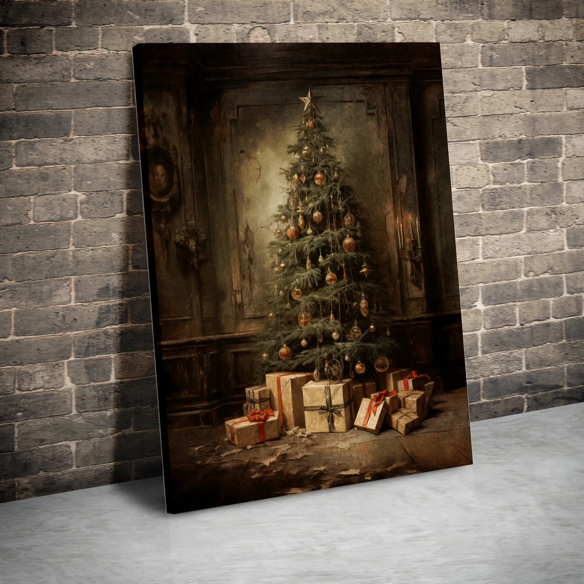 Old World Christmas Canvas Art, Vintage Christmas Tree Wall Art Digital Download, Rustic Holiday Tree Painting, Printable Chr