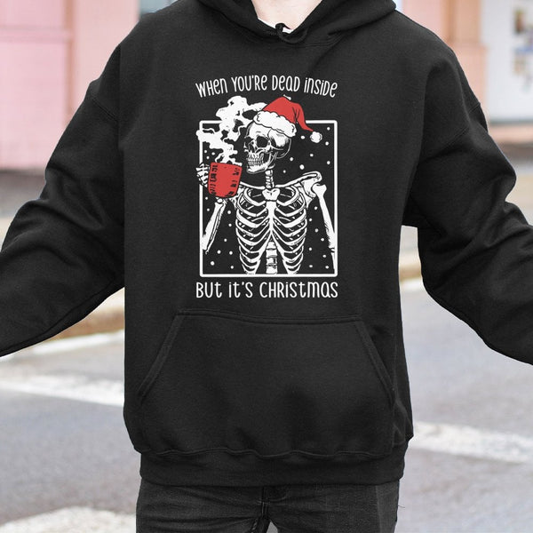 Dead Inside Coffee Holiday Sweatshirt, Skeleton Christmas Hoodie, Humorous Dark Humor Xmas Pullover, Skeleton Coffee Hoodie, 