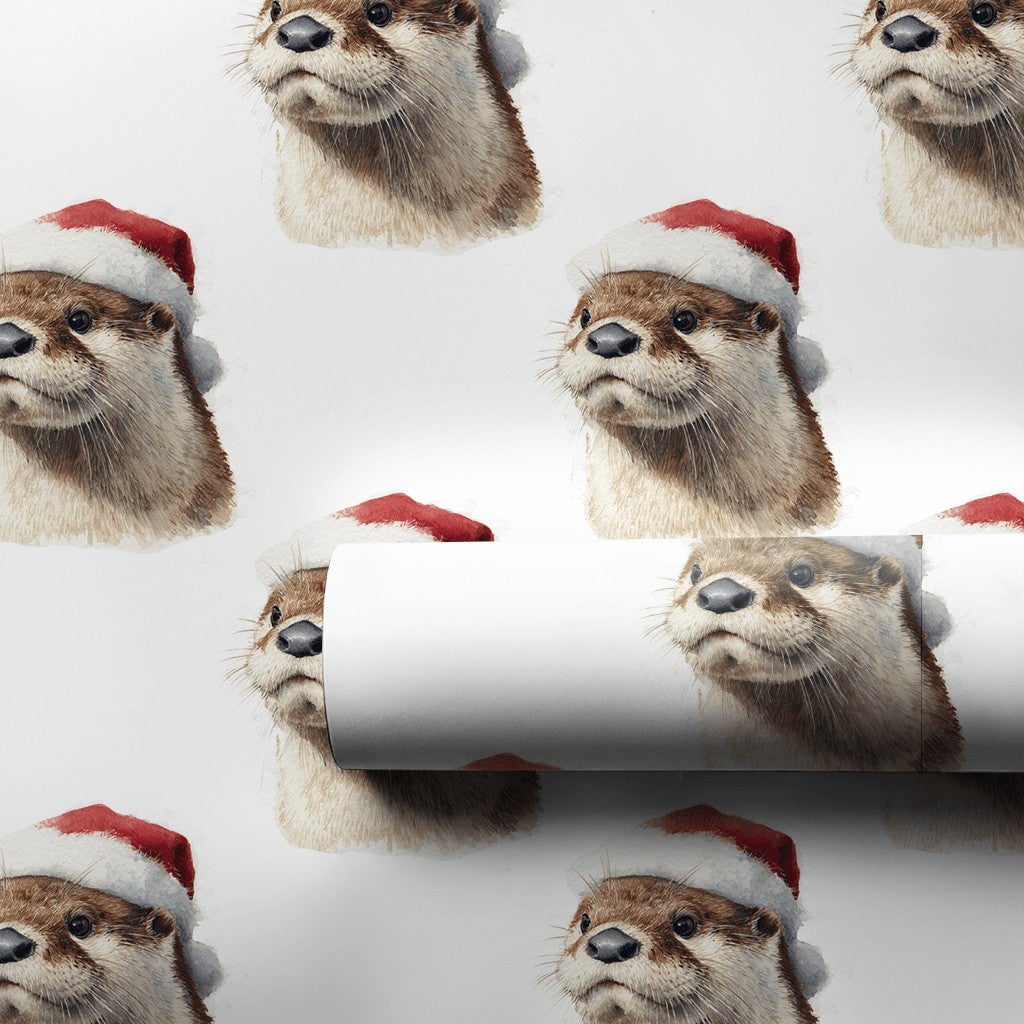 Adorable Otter Holiday Wrapping Paper, Santa Hat Otter Christmas Wrapping Paper, Humorous Animal Winter Wrapping Paper, Festi