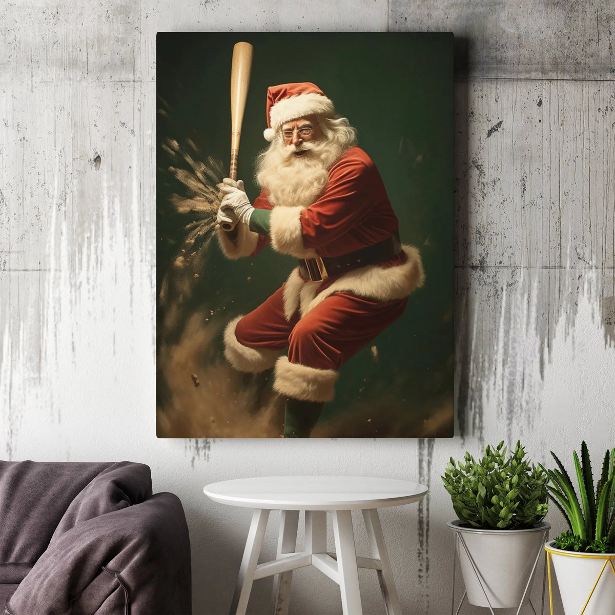 Action Sports Holiday Canvas, Santa Claus Baseball Canvas Print, Christmas Baseball Wall Art, Humorous Santa Sports Fan Canva