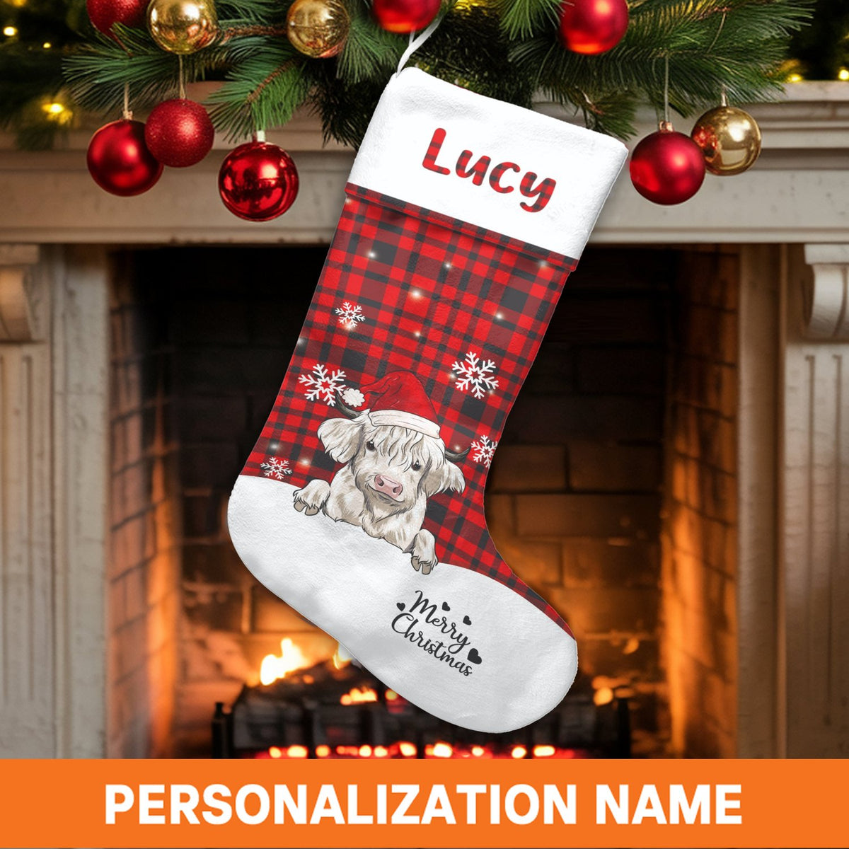 Red Buffalo Plaid Holiday Stocking, Personalized Highland Cow Christmas Stocking, Custom Name Xmas Stocking, Festive Family H