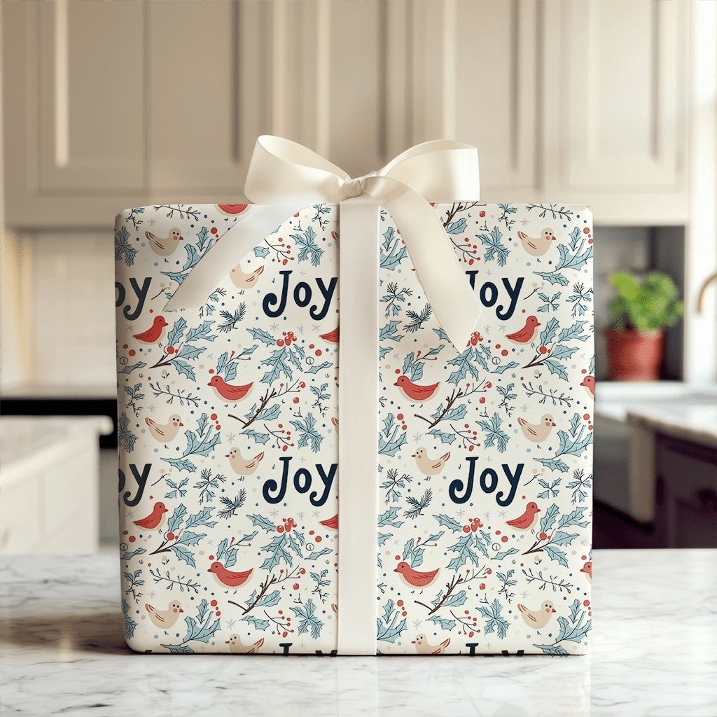 Festive Holly Berry Gift Wrap, Winter Bird Joy Christmas Wrapping Paper, Botanical Xmas Wrapping Paper
