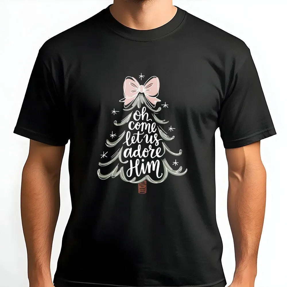Minimalist Christmas Tree Script Tee, O Come Let Us Adore Him T-Shirt, Christian Holiday Graphic Shirt, Religious Faith Xmas 