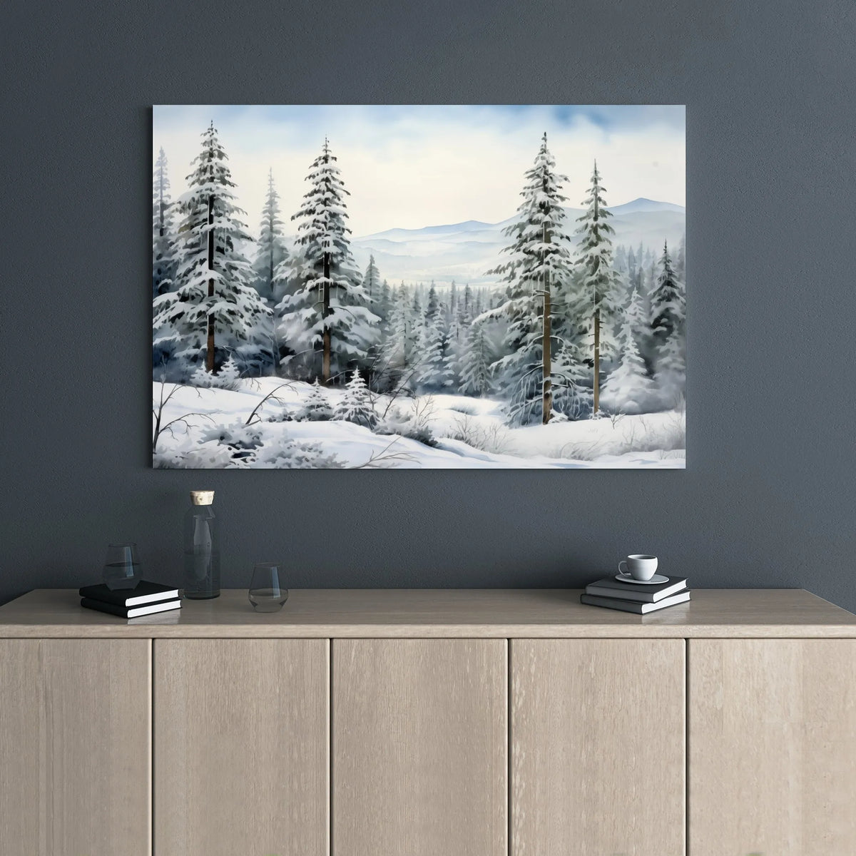 Snowy Pine Landscape Painting Print, Winter Forest Canvas Wall Art, Peaceful Holiday Season Decor, Rustic Christmas Tree Art 